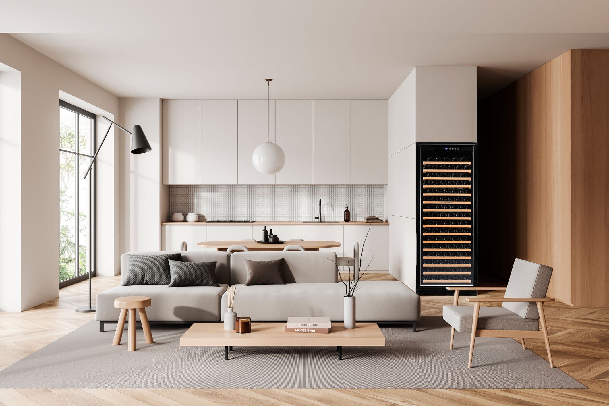 Vinobox 168 Grand Cru with full glasss door in a modern living room minimalistic light tones